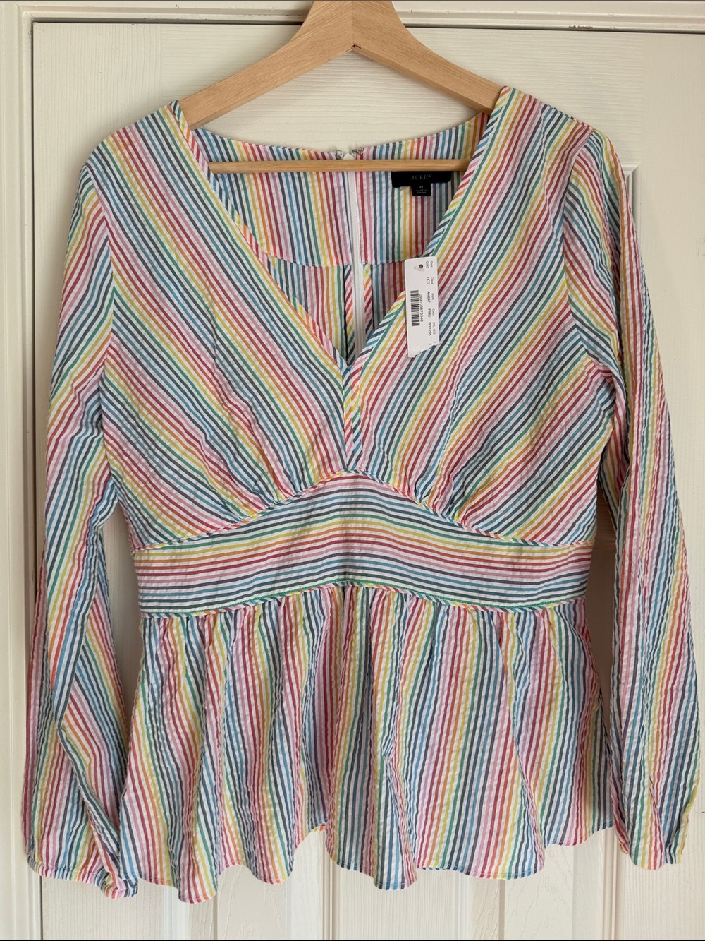 J. Crew Pastel Rainbow Striped V-Neck Peplum Top